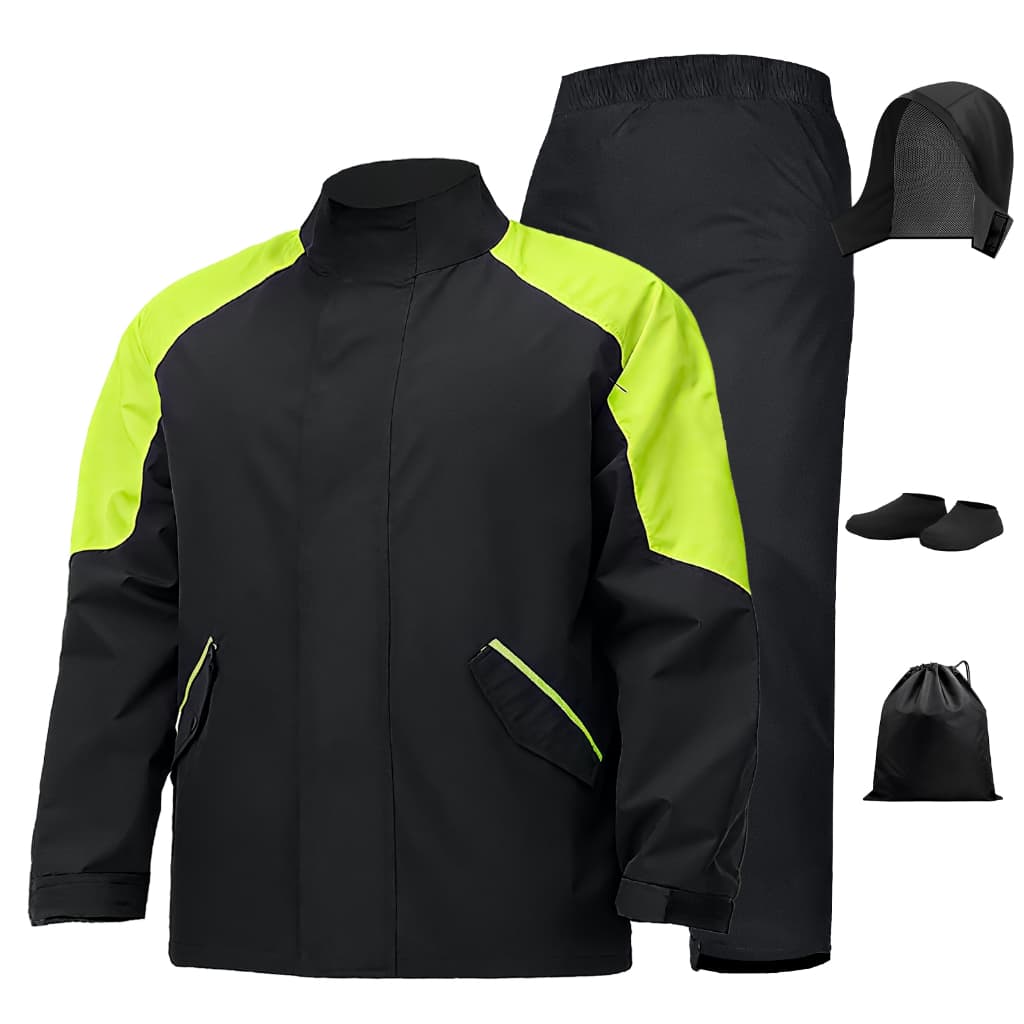 Conjunto Capa de Chuva Impermeável para Motoqueiro com Jaqueta, Calça, Capuz Removível e Faixa Refletiva