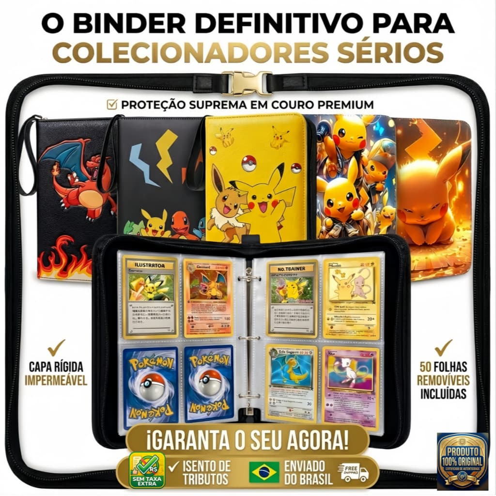 Álbum Cartas Pikachu Charizard Fichário Couro Zíper 50 Folhas 2x2 400 Cards HD Premium