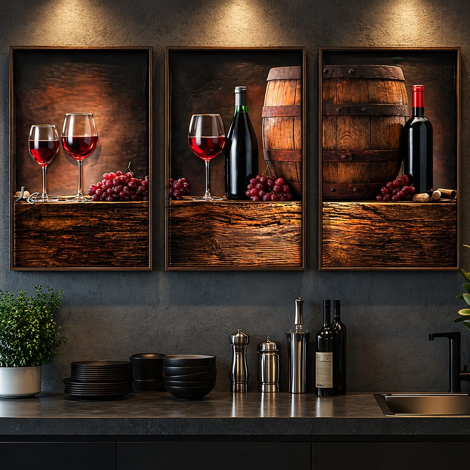 Quadro Decorativo 3 Peças Vinho Taças Uvas Sala Cozinha Bar Decoração Moderna Gourmet