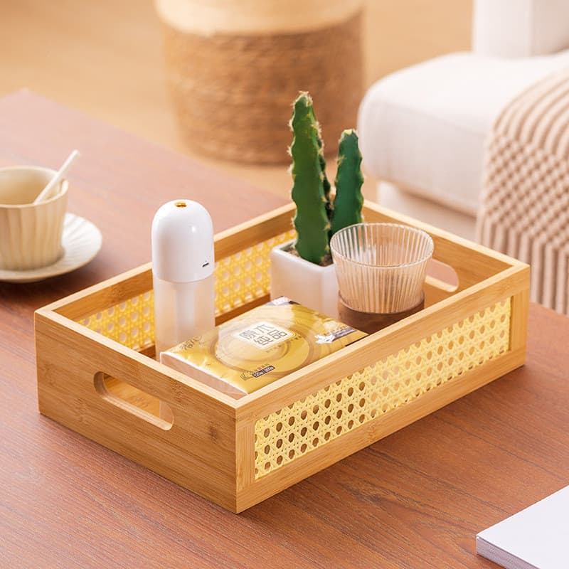 Bandeja de Bambu Decorativa Borro Chic Caixa Organizadora Multiuso Café Mesa Posta Cesto Organizador de Palha Indiana