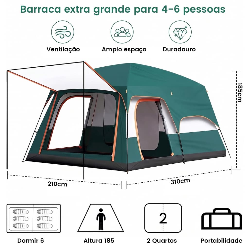 Barraca de Camping Família Grande 310x210x185cm Super Espaçosa para 4 a 6 Pessoas Impermeável UV