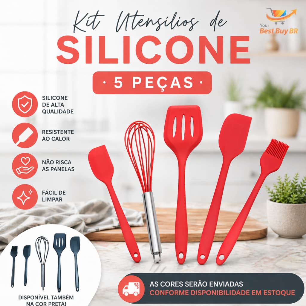 Kit Cozinha Silicone 5 Peças Completo | Não Risca Panelas | Alta Resistência | Utensílios