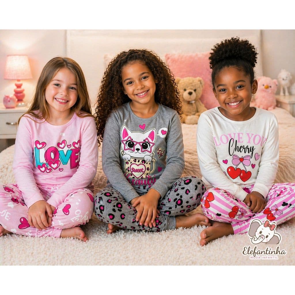 PIJAMA INFANTIL MENINA MANGA LONGA – 100% ALGODÃO | BRILHA NO ESCURO  - PIJAMA MENINA INVERNO