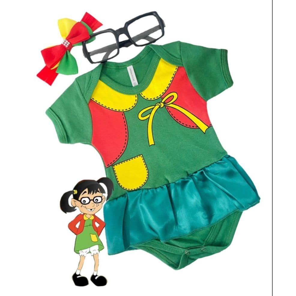 Kit Body Bebê Chiquinha + Faixa Laço e Óculos Temáticos Menina Chaves Mesversário Fantasia