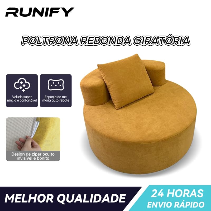 Poltrona Redonda Giratória 360° Amarela em Veludo Macio e Agradável à Pele Sofá Cadeira Confortável para Sala