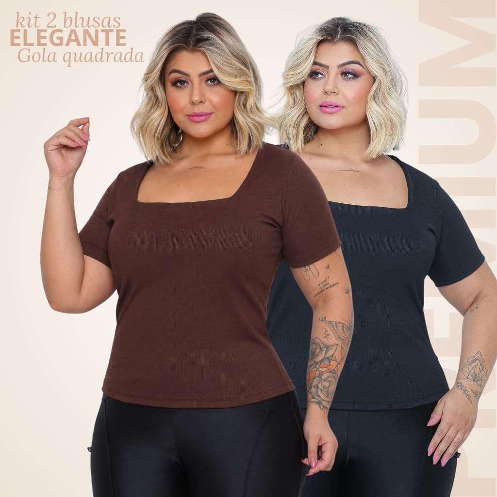 Kit 2 Blusa Feminina Plus Size Gola Quadrada Moderna Casual Varias Cores Curve até G4