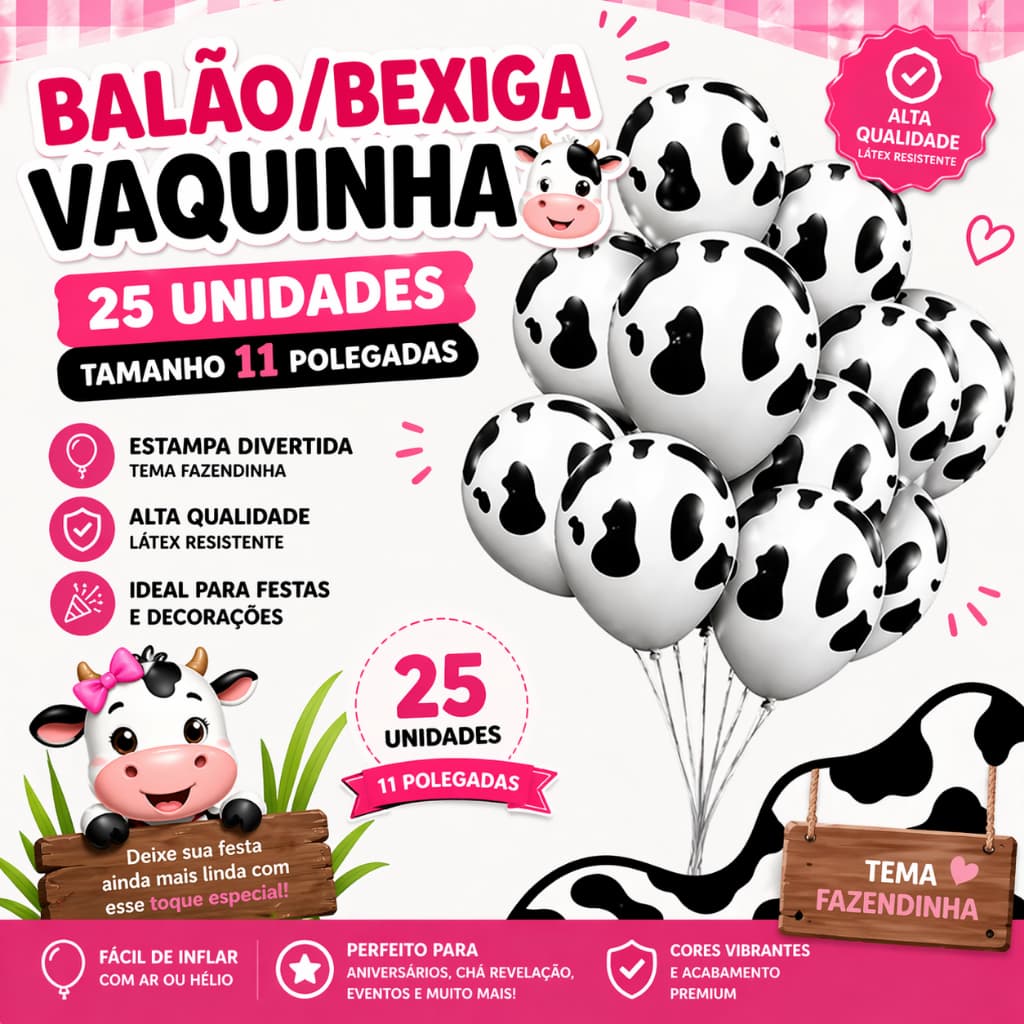 Balão Vaquinha 25 Unidades 11 Polegadas Bexiga Festa Fazendinha Decoracao Latex Premium