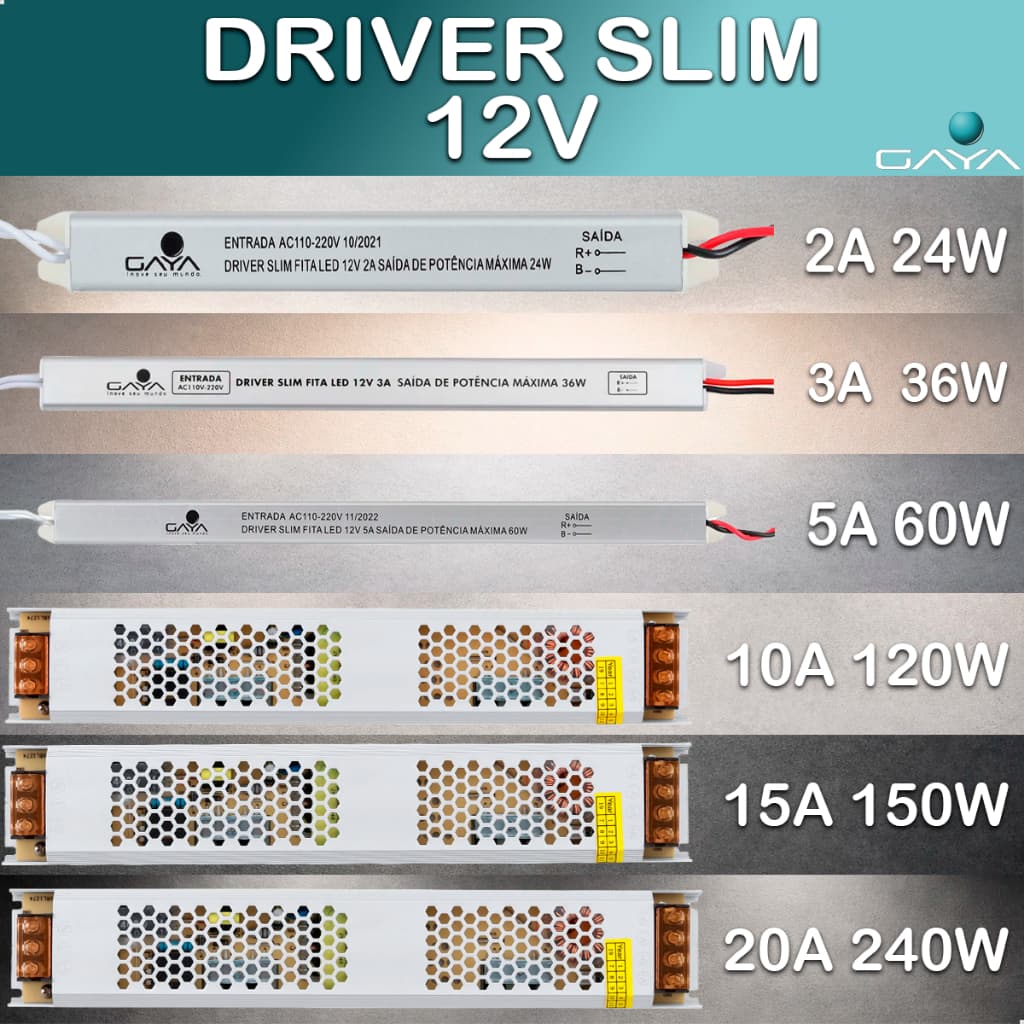 Fonte Driver Slim 12V para Fita LED - Diversas Amperagens (2A a 20A) Bivolt Alta Luminosidade