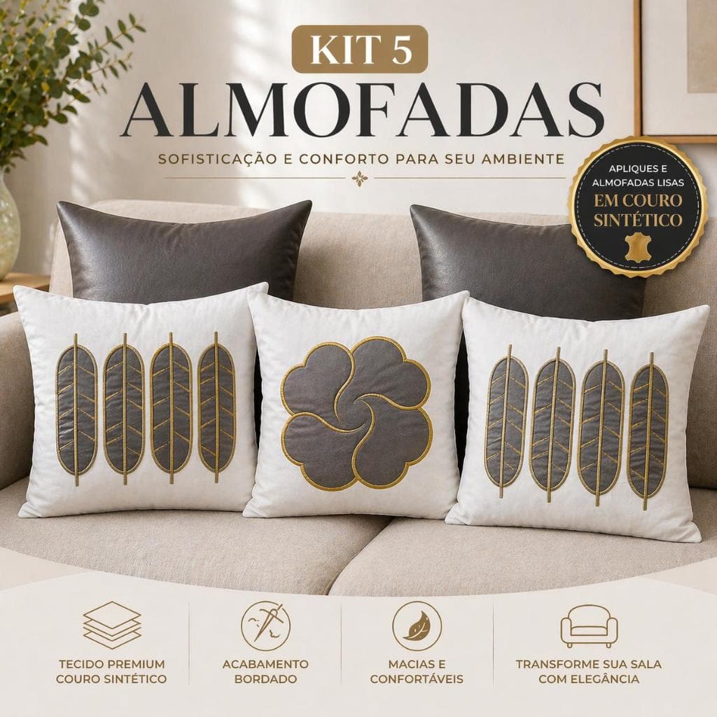 Kit 5 Almofadas Decorativas Couro Sintético Linho Boho Chic Folhas Terracota Luxo Premium Sala Sofá Casa