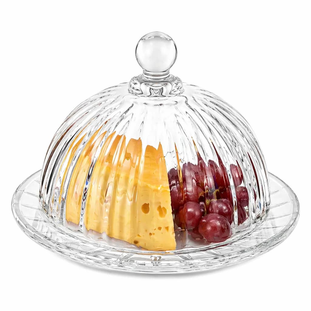 Queijeira Prato para Queijo Doces Vidro Canelado com Cúpula Mini Milano | Lindo Sofisticado Mesa Posta Servir Premium