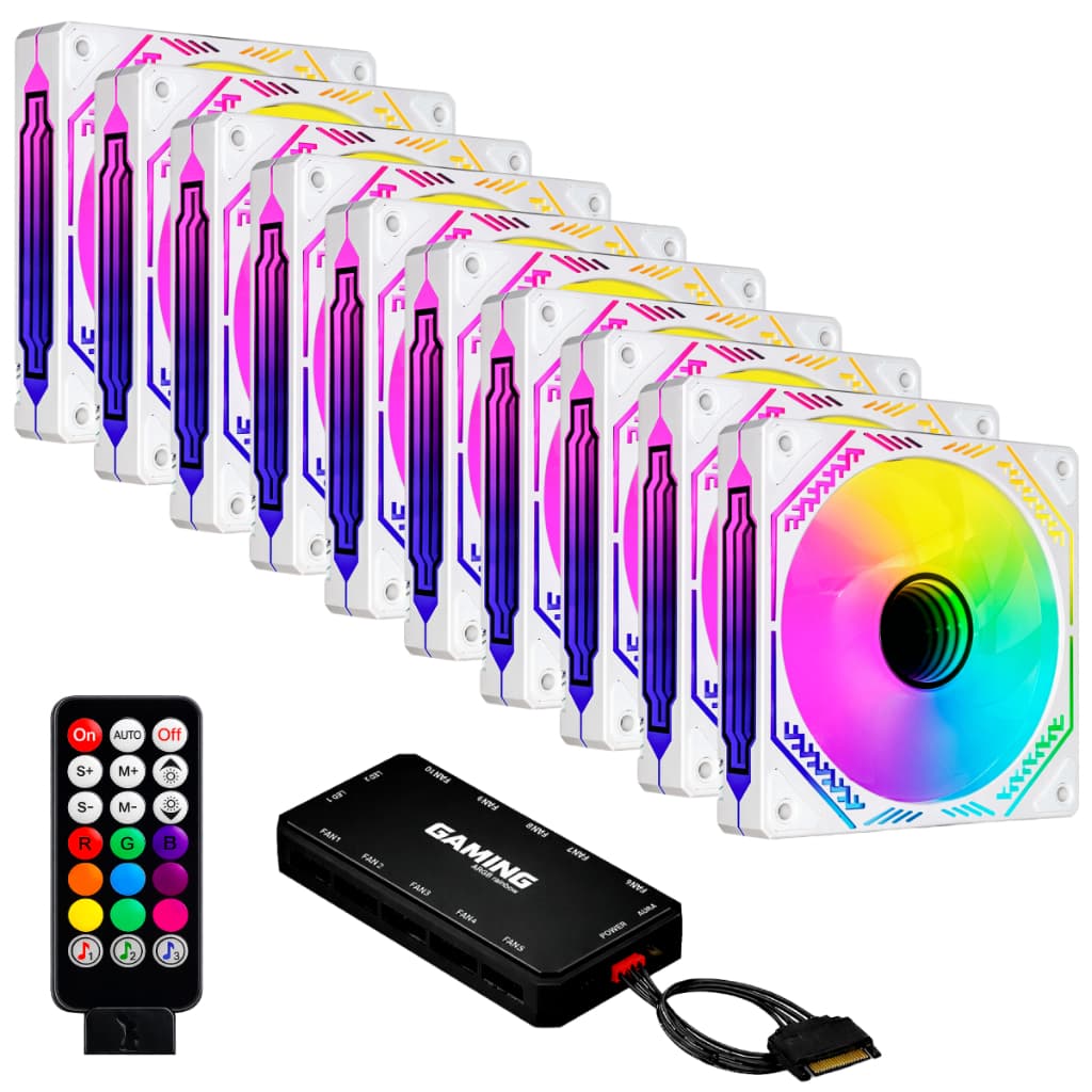Kit 10 Fans Cooler Ventoinhas Brancas Aura White Infinity ARGB Pc Gamer C/ Controladora Hub Preto