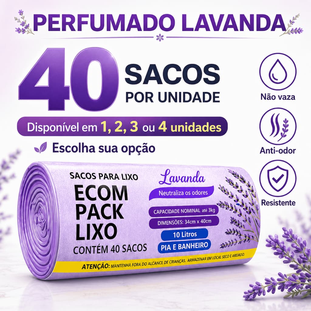 Saco Lixo Lavanda 10L 34X40CM Anti Odor Neutraliza Odores Pia Banheiro Reforçado Perfumado Nao Vaza