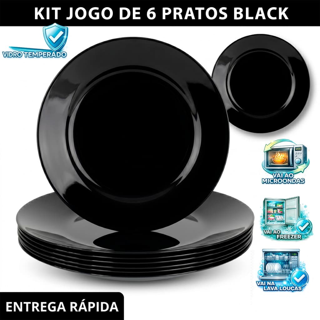 Kit Jogo 6 Prato Fundo Sopa Preto Aparelho de Jantar Opaline Redondo Vidro temperado Preto