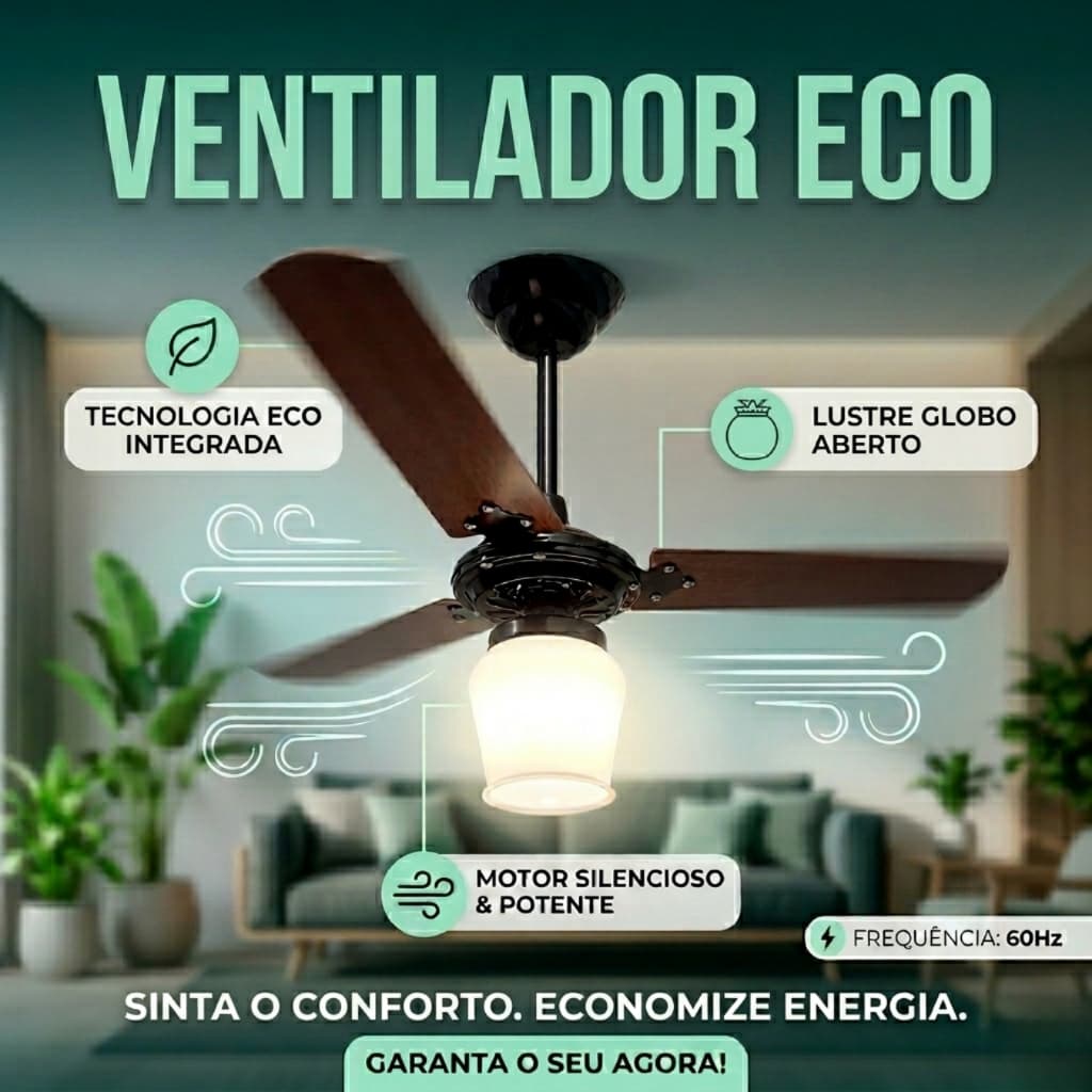 Ventilador De Teto Eco Luminária Globo Ventilação 3 Pás Tulipa Ventila Muito Econômico Sala Quarto