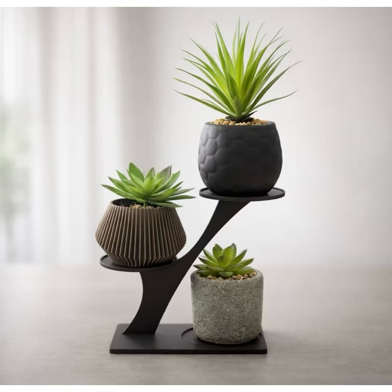 Suporte para Vasos 3 Andares Moderno Preto com Base Embutida – Organizador Decorativo para Plantas