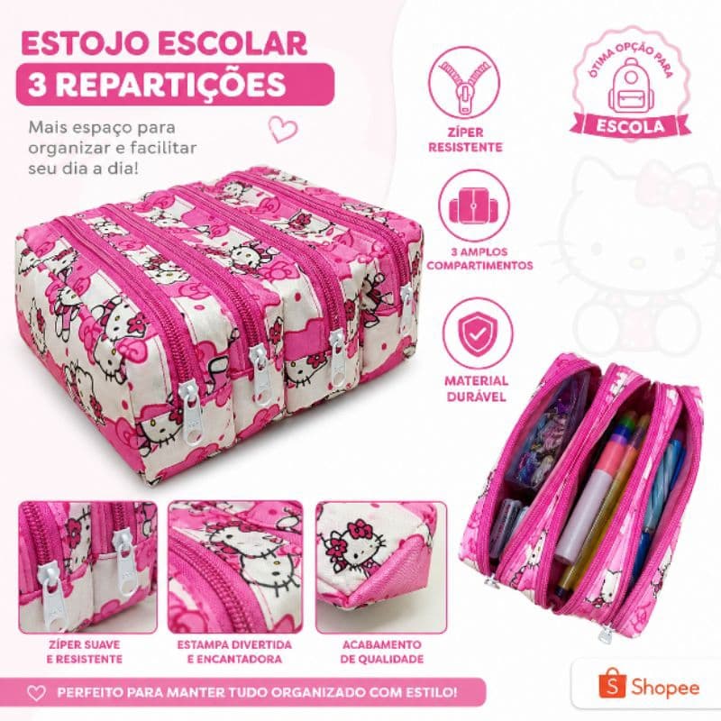 Estojo Escolar 3 Ziper Hello Kitty- Grande Estojo Escolar com 3 Repartiçoes - 3 Ziper