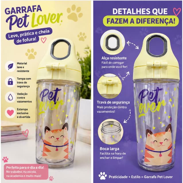 Garrafa Pet Lover com Alça - Garrafinha Infantil – Leve, Antivazamento e Super Fofa