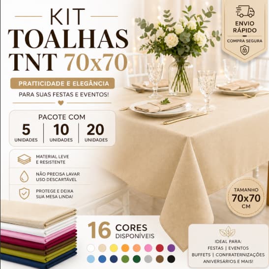 Kit Toalha de Mesa TNT 70x70 5 10 20 Unidades Descartável Festa Decoração