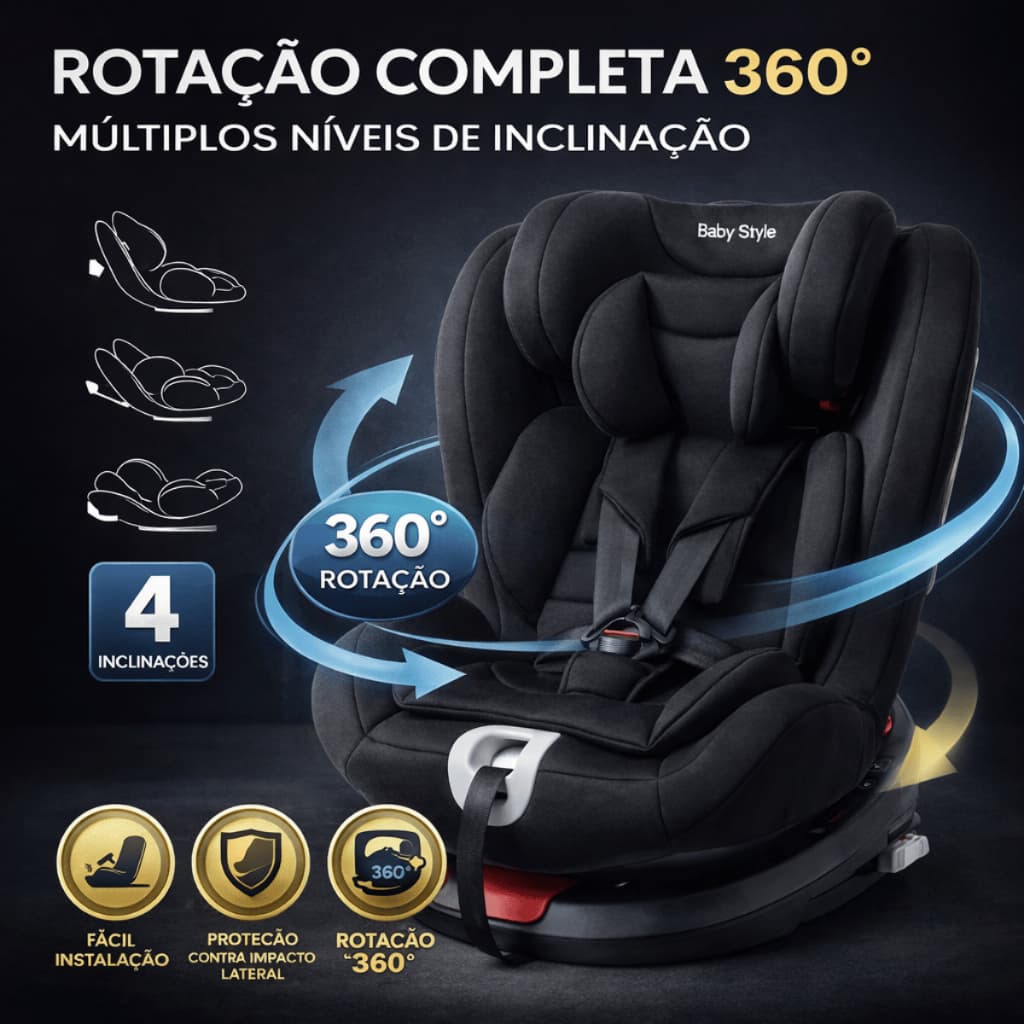 Cadeira Bebê Cadeirinha de Carro 0 A 36kg Isofix Rotação 360º Baby Style Tecido Preto Cinza