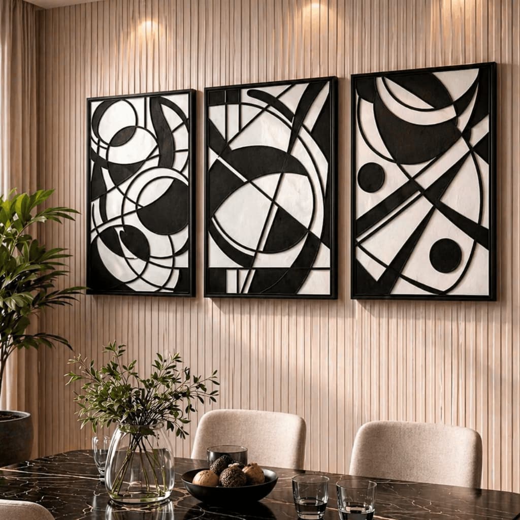 Kit 3 Quadros Decorativos Abstrato Geométrico Preto e Branco Moderno