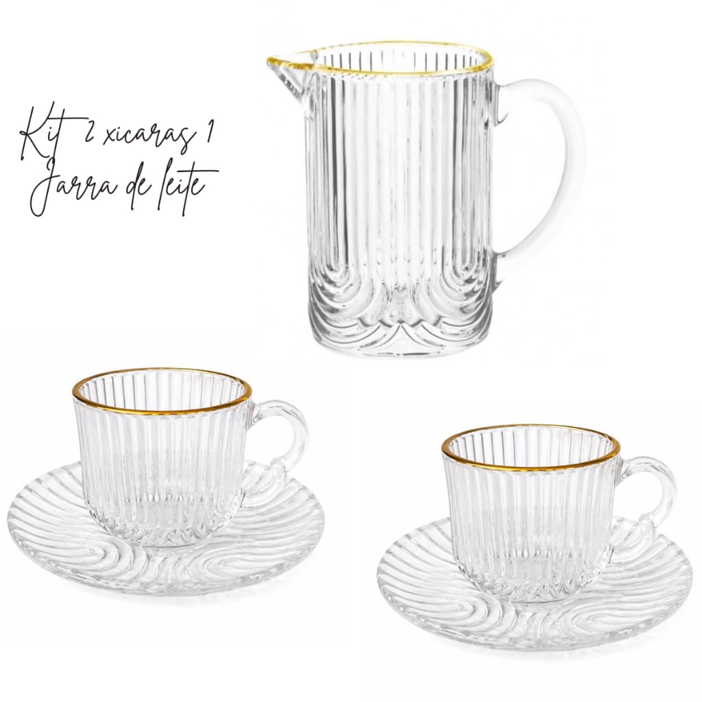 conjunto Café 80ml + Jarra Leite 260ml Filete Dourado | Conjunto elegante para Mesa Posta