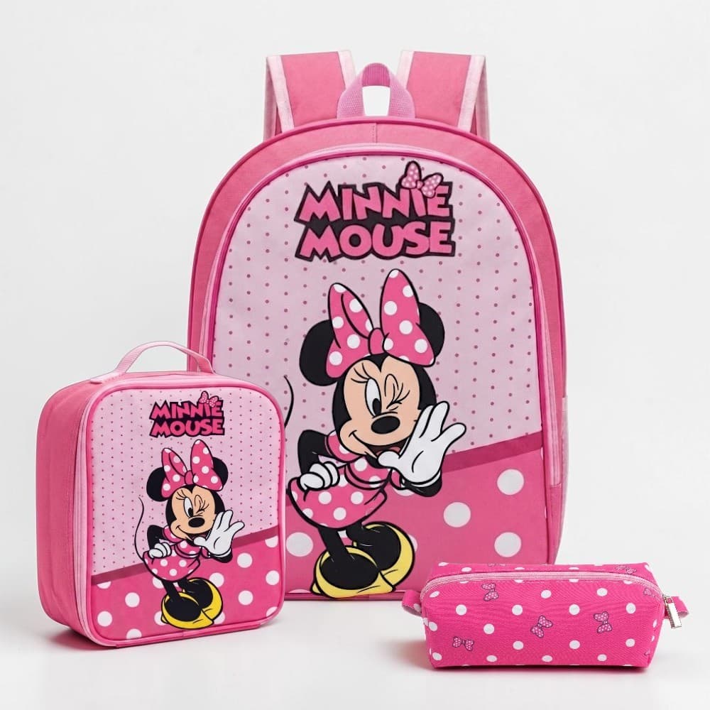 Kit Mochila Feminina Escolar Minnie Menina com Lancheira e Estojo Reforçado