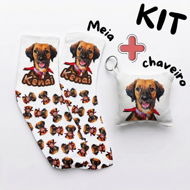 Kit Personalizado Pet Meia + Chaveiro Mini Almofada | Com Foto e Nome | Presente Criativo para Amantes de petlove