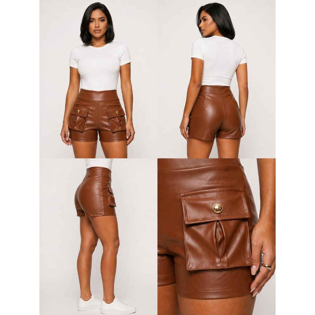 Short Feminino com Bolso Cargo Utilitários Botão Metalico y Cintura Alta em Couro