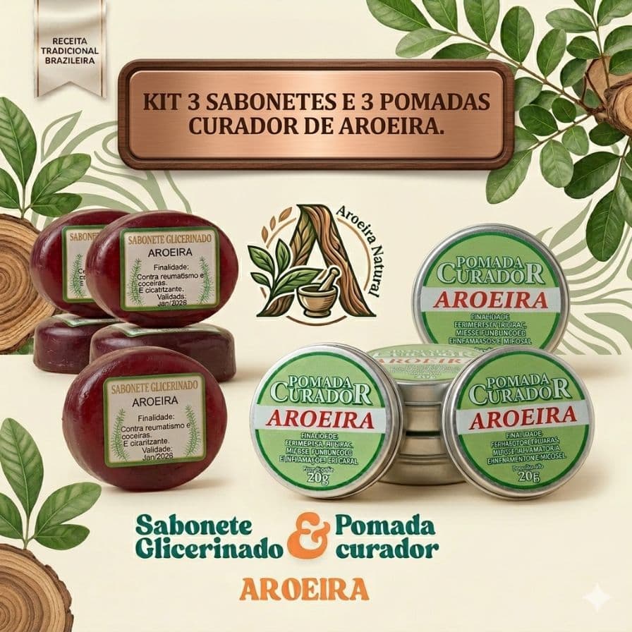 Kit 3 Pomadas e 3 Sabonetes Aroeira Glicerinado Extra Forte Sarna Micose e Coceira