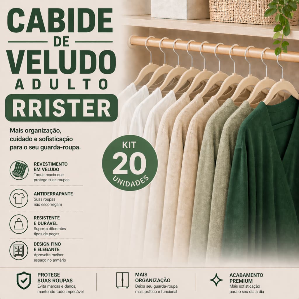 Kit 20 Cabides Premium Veludo RRister Adulto Slim Antideslizante Para Closet Organizado
