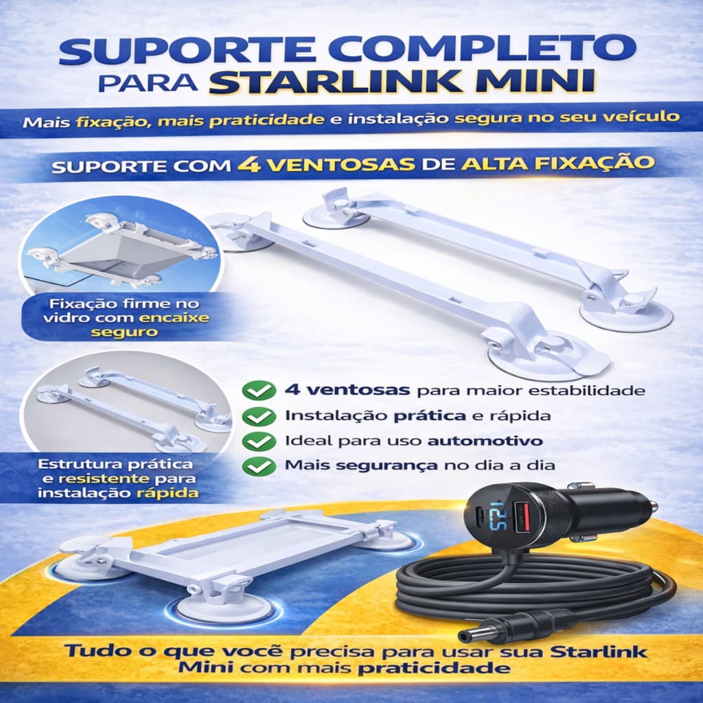 Suporte Starlink Mini Veicular 4 Ventosas Painel Para-brisa