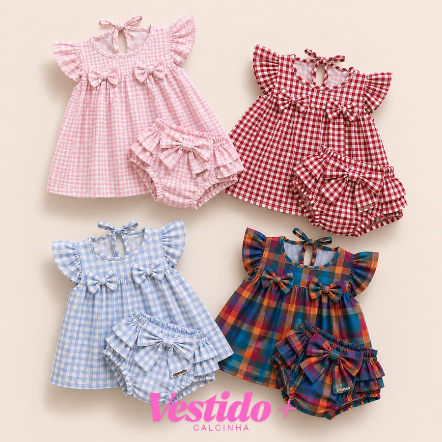 Vestido E Calcinha Xadrez Conjunto de Vestido Para Bebes Estampa
