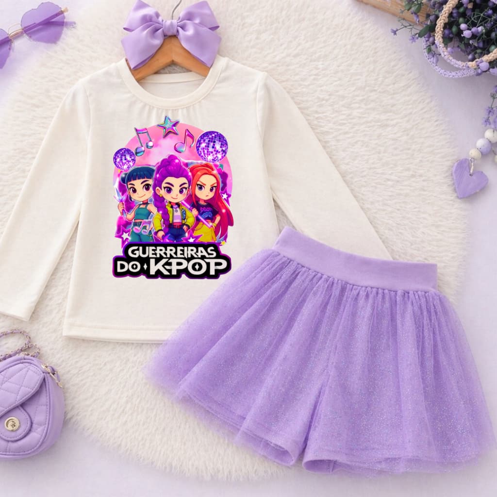Conjunto Infantil Menina Kpop Discoteca 1 a 10 anos Blusa Manga Longa Short Saia Tule Lilás Roupa Infantil Meia estação