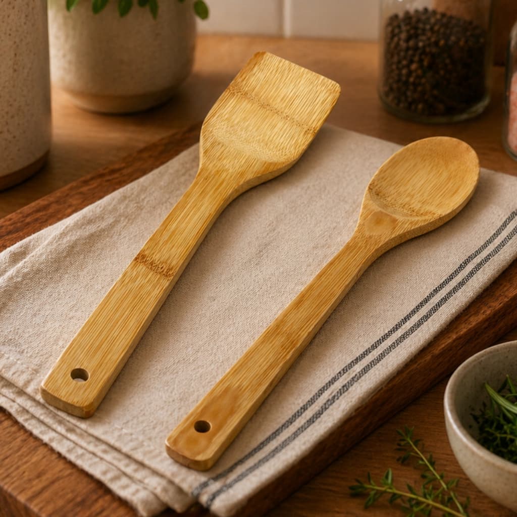 Kit Bambu Colher e Espátula Premium Não Risca Panelas Resistente Calor Cozinha Multiuso 1 ou 2 Peças