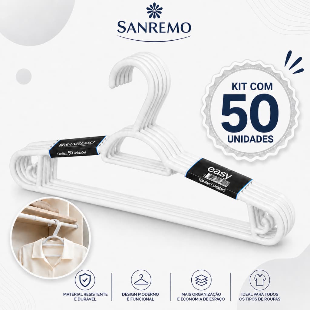 Kit de cabides brancos e variações de 10/20/30/40 ou 50 peças SANREMO