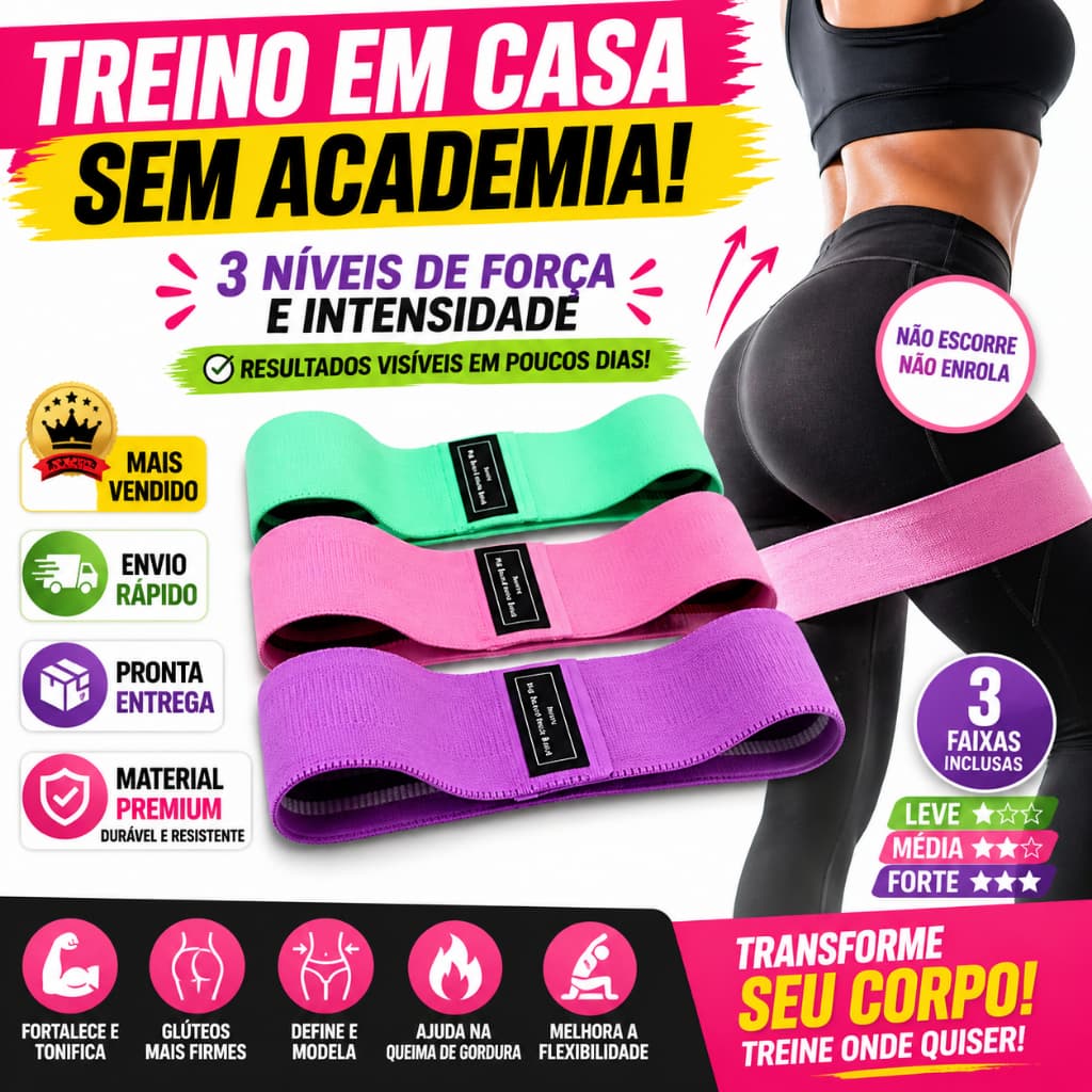 🔥 Kit 3 Faixas Elásticas Hip Resistance Bands Treino em Casa Glúteos e Pernas