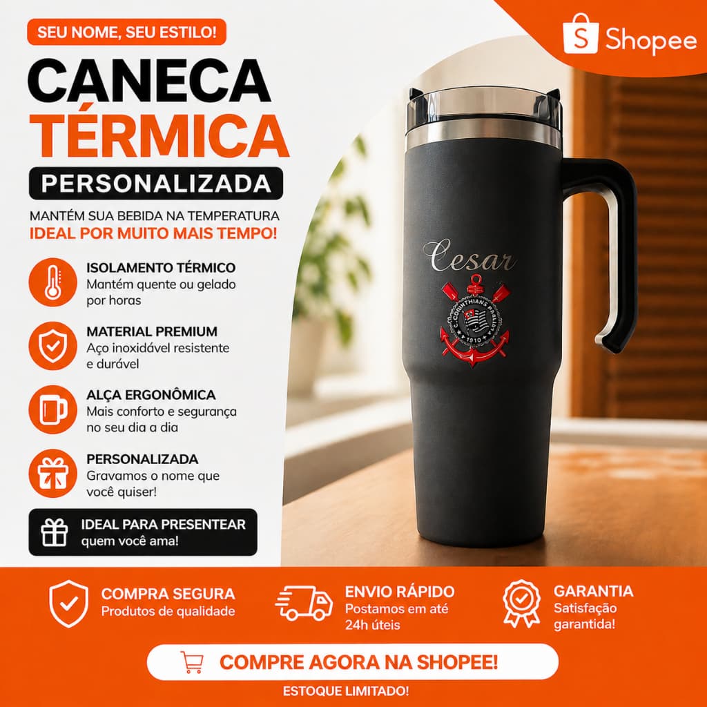 Garrafa Térmica Personalizada Nome e Time Futebol Presente Criativo