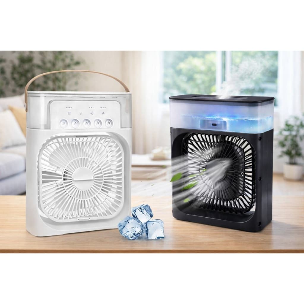 Ventilador Umidificador Portátil com Reservatório de Água Luz LED USB Preto/Branco casa escritório viagens climatizador