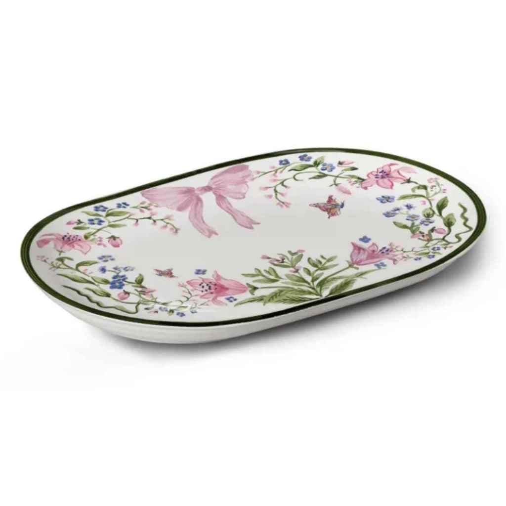 Travessa Oval Rosa Florido Cerâmica P/ Servir Belle Bouquet Mesa Posta