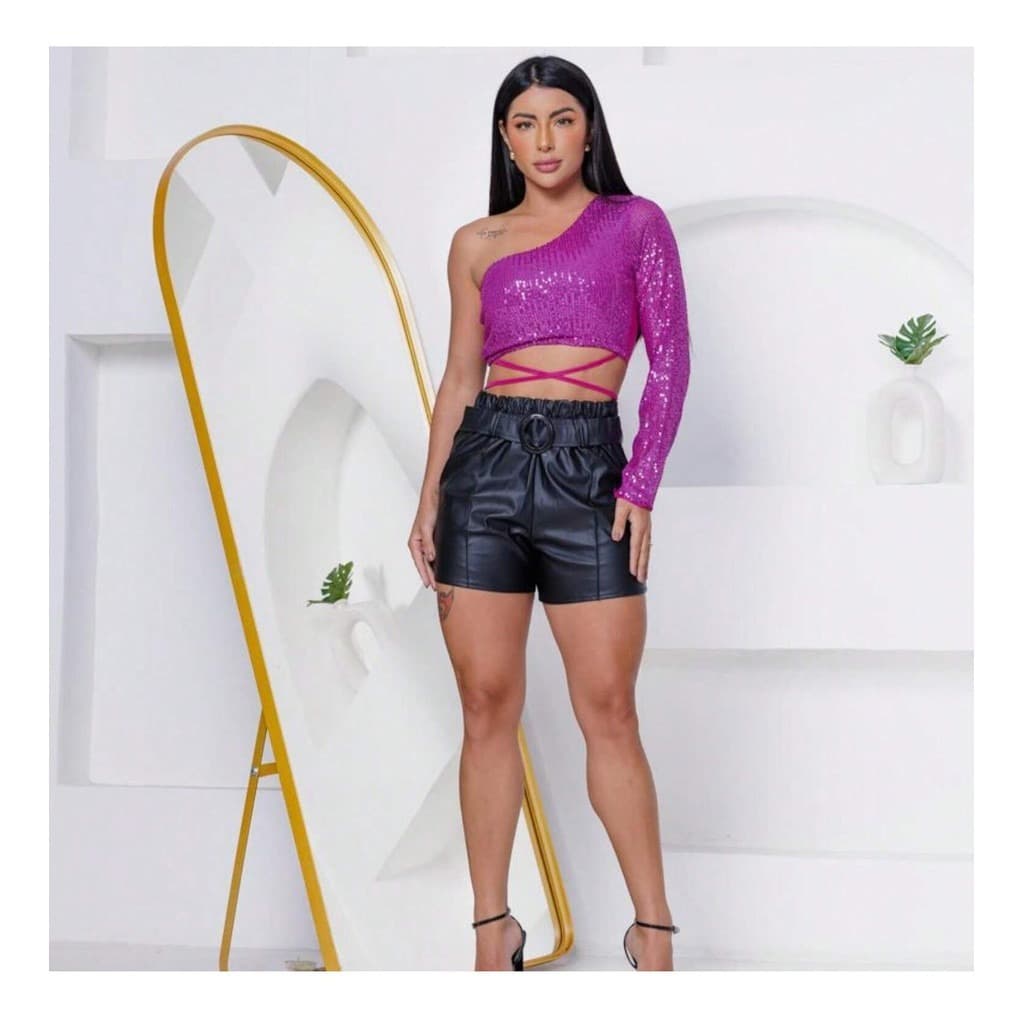 Cropped feminino manga longa paetê brilhoso moda balada