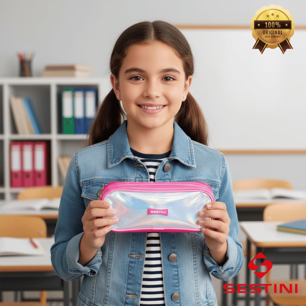 Estojo Holográfico Meninas Escolar Star Duas Divisórias Espaçosa Glitter Brilho Sestini Original