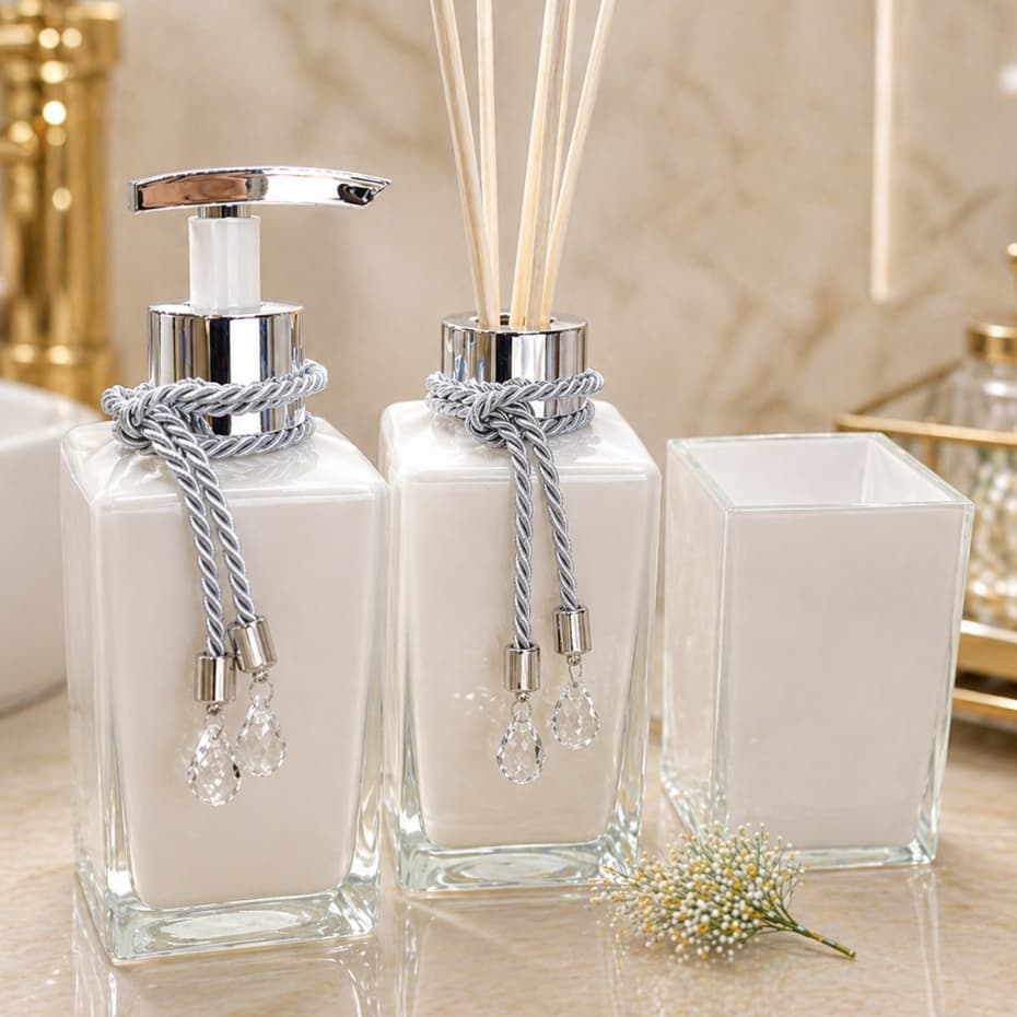 Kit Banheiro Lavabo Square Branco Degrade 250ml - Saboneteira + Aromatizador + Porta Escova em Vidro