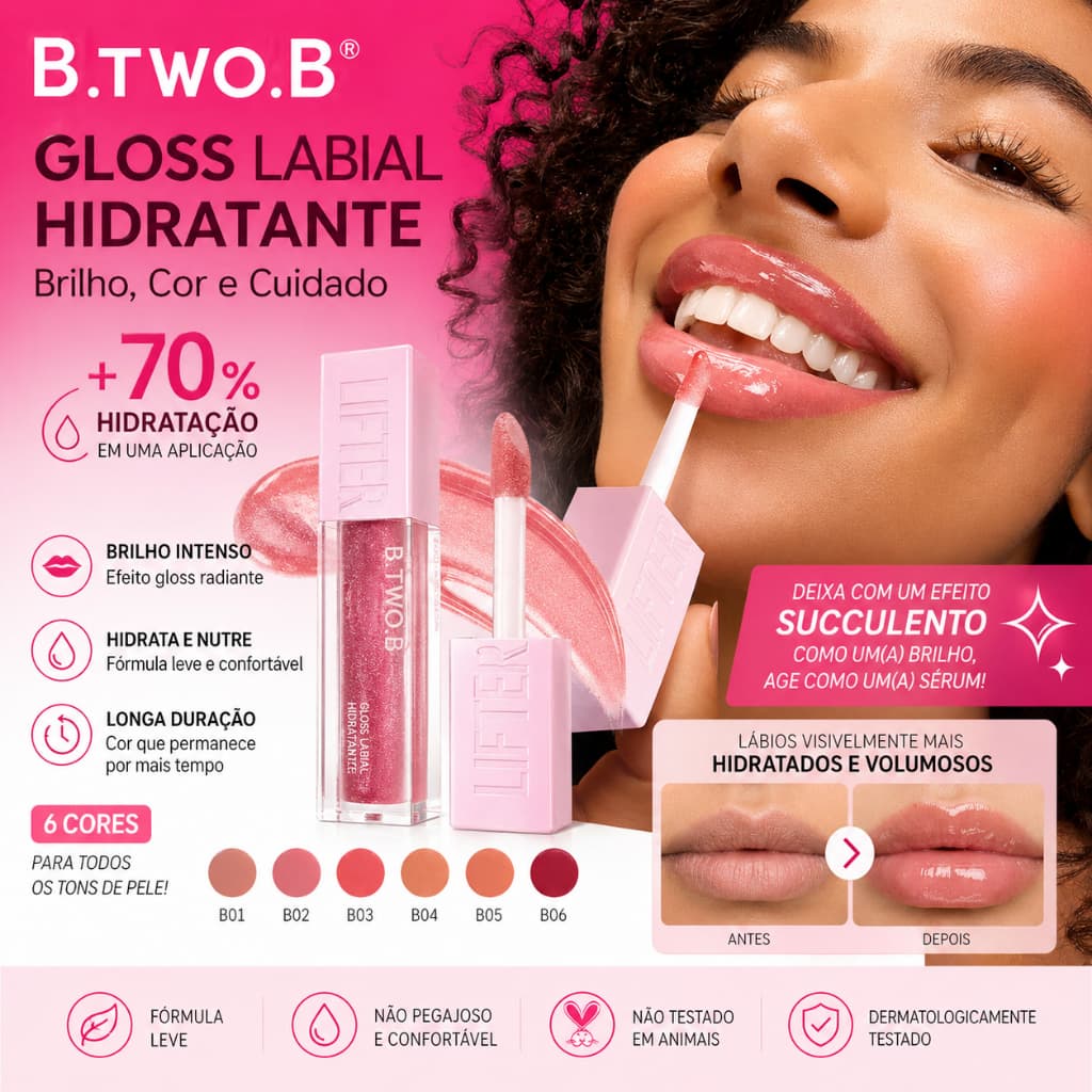 B.TWO.B Gloss Labial Brilhante Efeito de brilho denso e volumoso, cores vibrantes