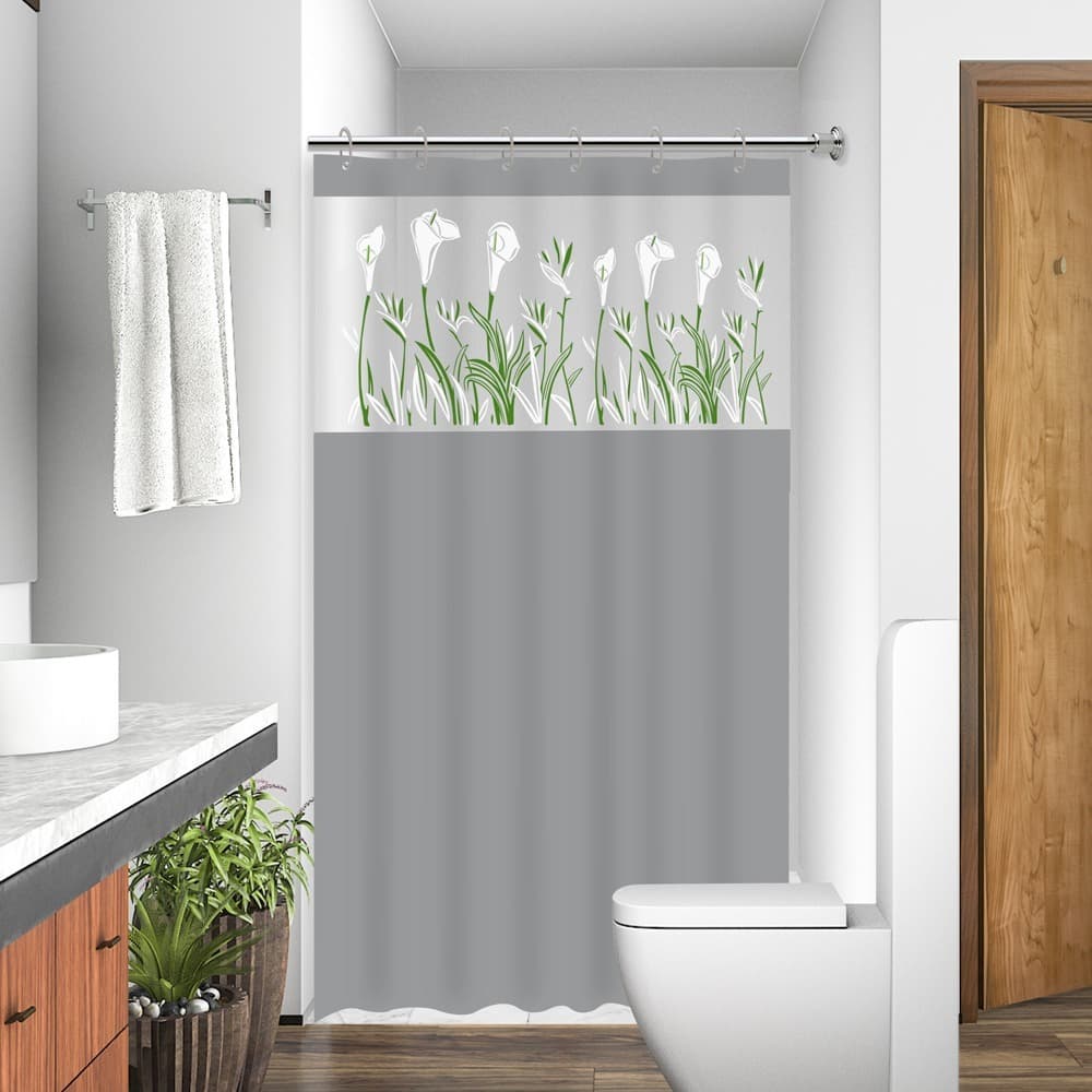 Cortina Box Banheiro PVC Impermeável com Visor e Ganchos Cinza Estampada