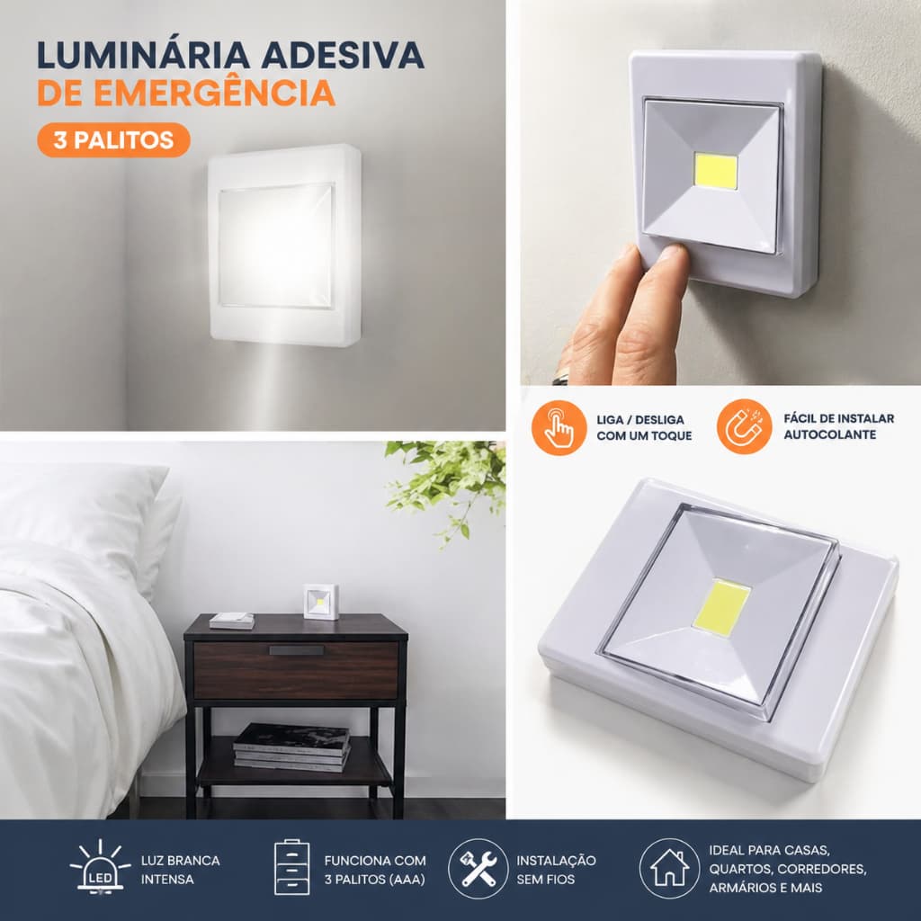 LUMINÁRIA Adesiva de Emergência com LED COB para Corredor/Armário/Closet/Parede 1003