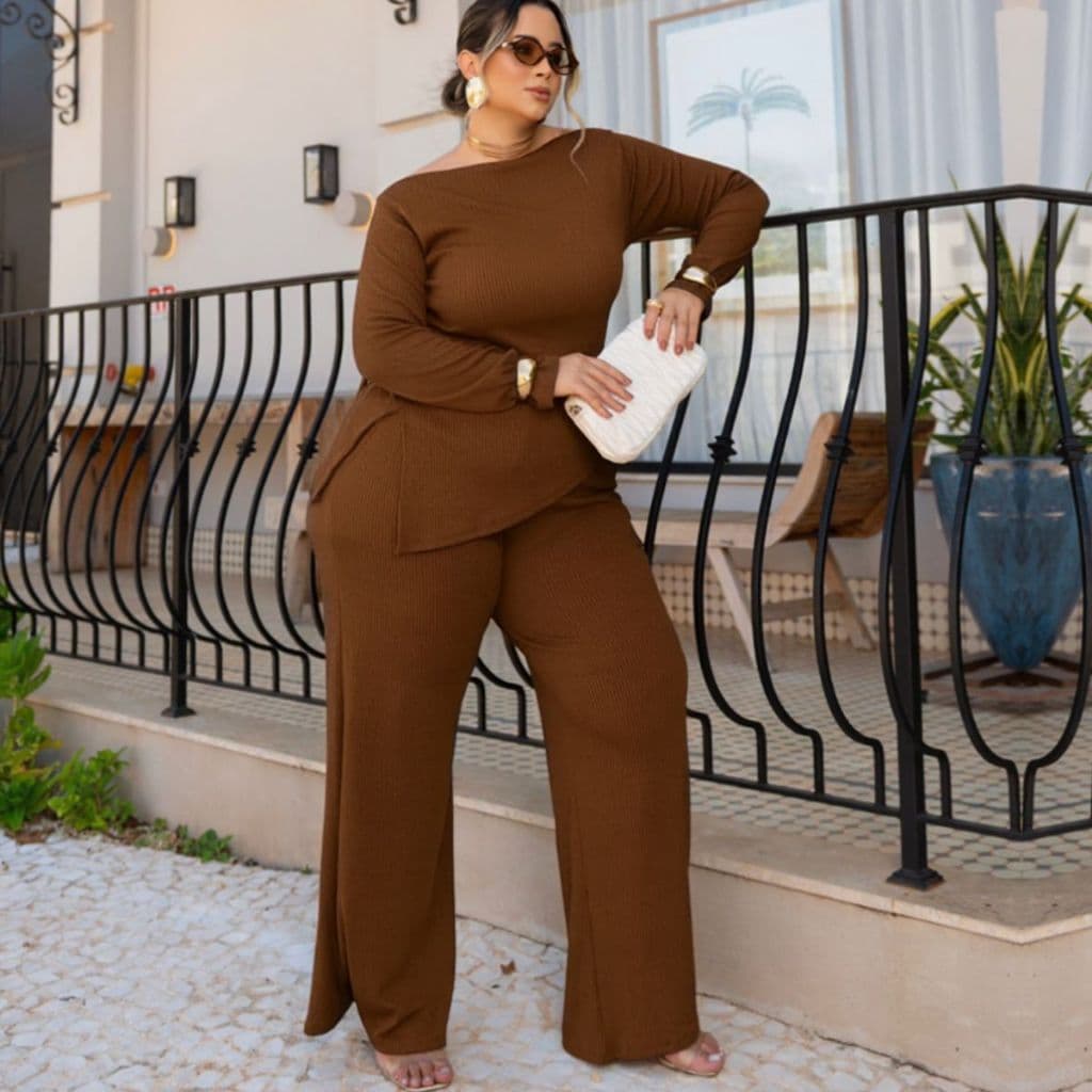 Conjunto Feminino Plus Size Calça e Blusa Manga Longa Inverno Malha Elegante e Confortável Casual Trabalho Passeios