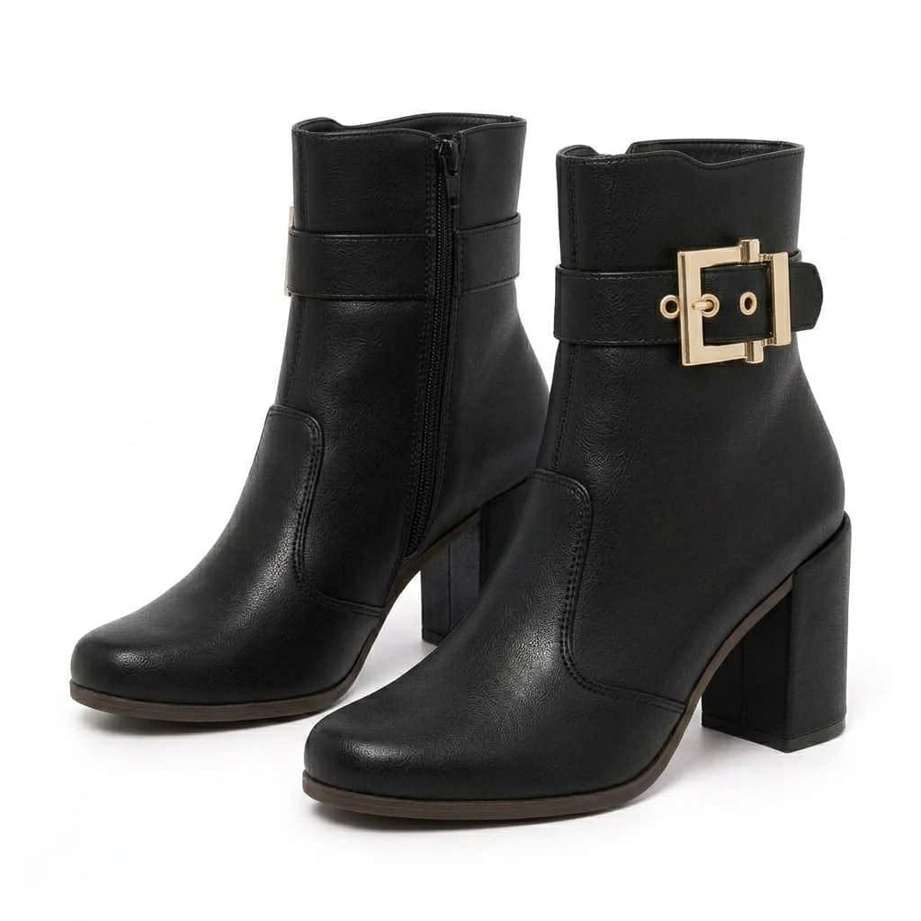 Bota Country Feminina Elegante Cano Curto Salto Grosso Com Ajuste Ziper e Fivela Moda Conforto