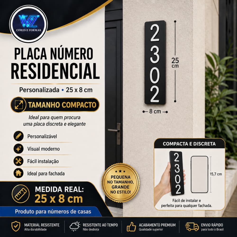 Número Residencial Para Casa Personalizado Placa 25x8cm Horizontal Vertical Preto, Branco, Prata.
