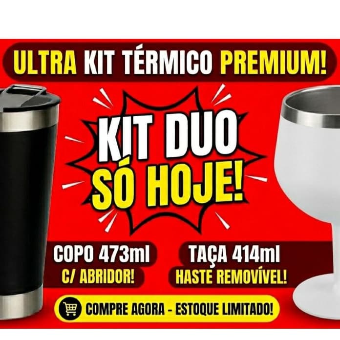 Kit Duo Térmico Copo 473ml Com Tampa e Abridor + Taça 414ml Haste Removível Inox Premium - Gelado