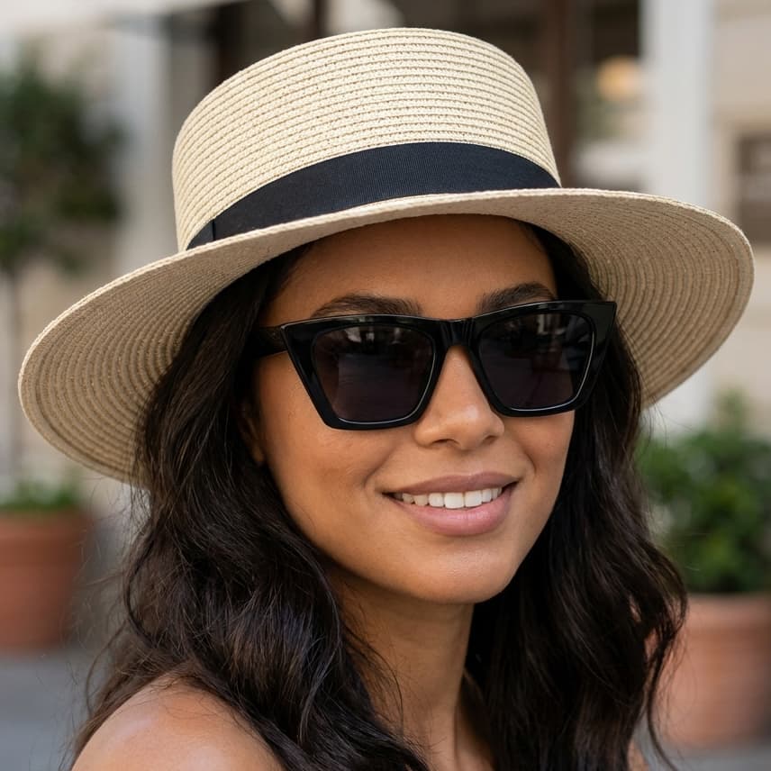 Kit Chapéu Paris Feminino + Óculos Gatinho MD-10 UV400 Praia Elegante Verão Estilo Premium Completo